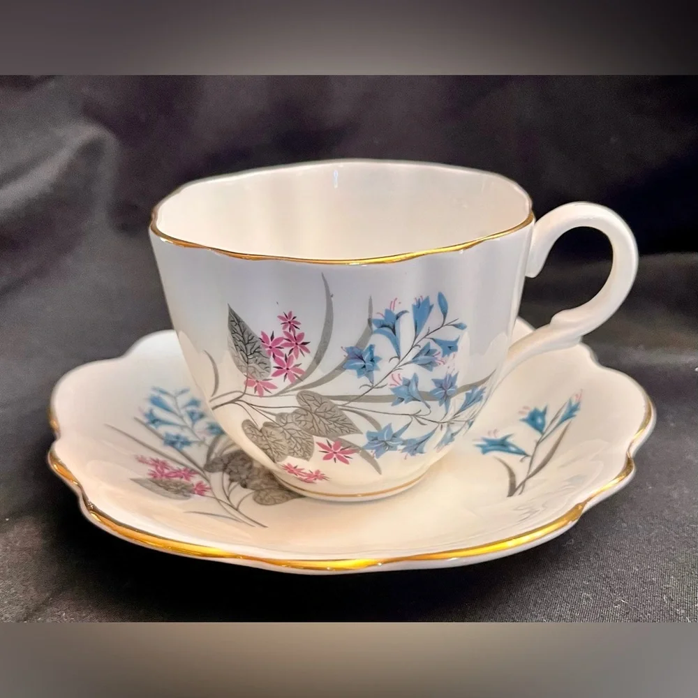 Vintage English Castle 22K Gold Trim Blue Lily Bone China Teacup Saucer Set Tea